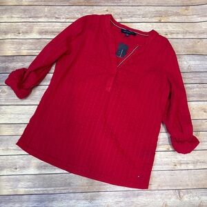 Tommy Hilfiger half button V-neck roll tab sleeve top red size M